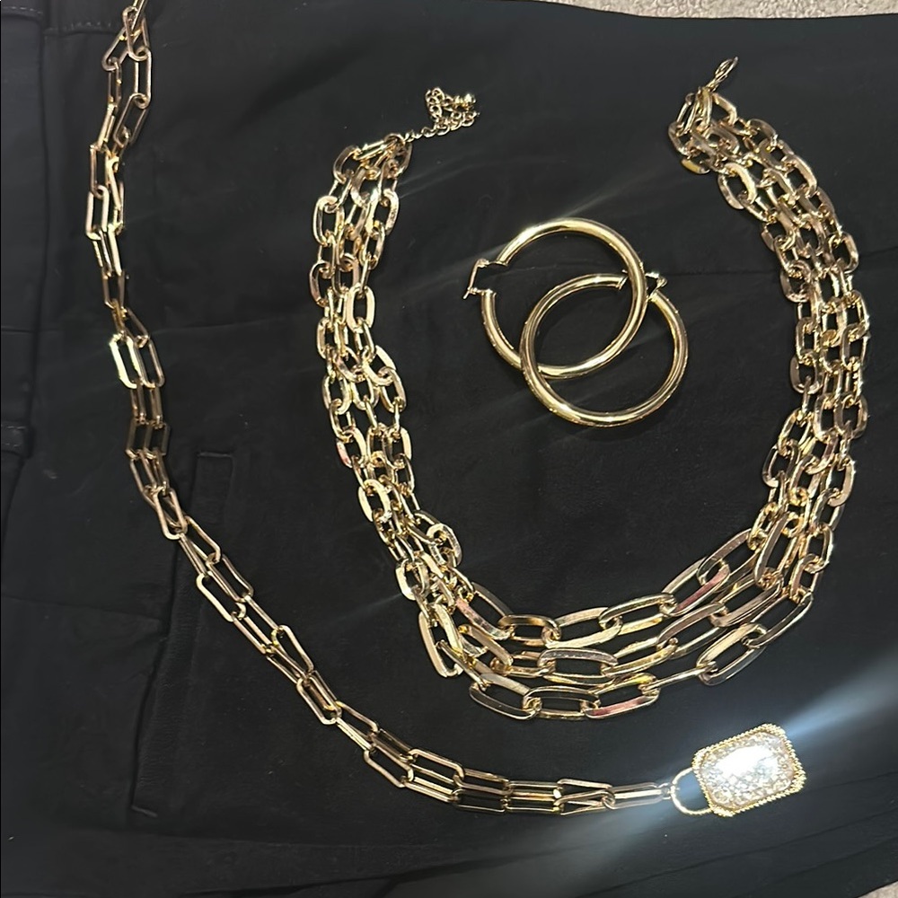Multilayer Gold Necklace, Crystal Pendant Chain necklace, Hoop Earrings